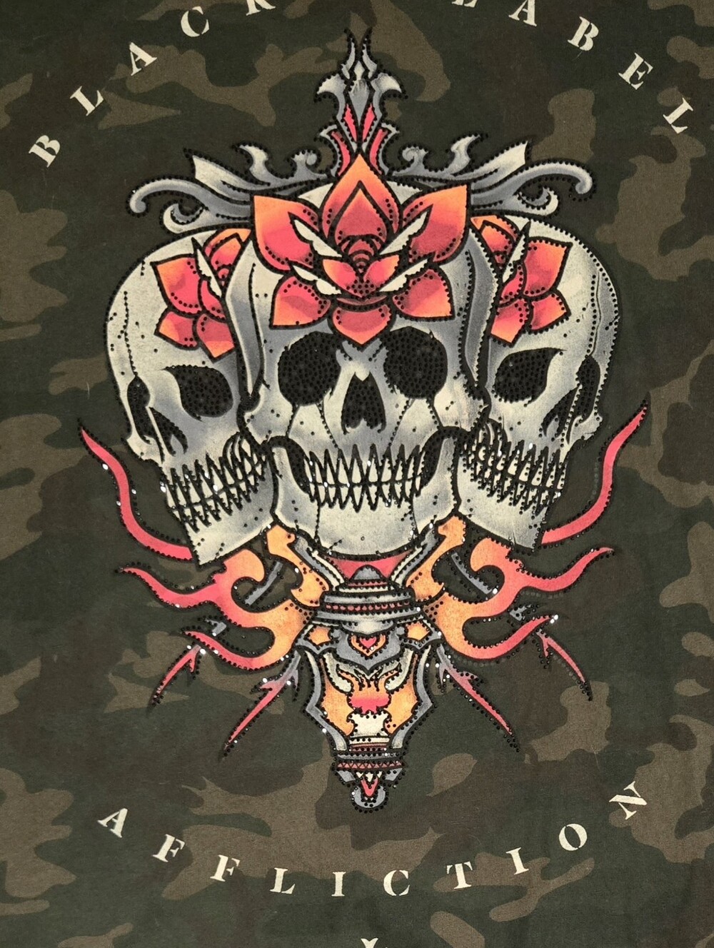 Affliction Black Label, Camouflage Skull Trio Tee - Pink & Orange Accents